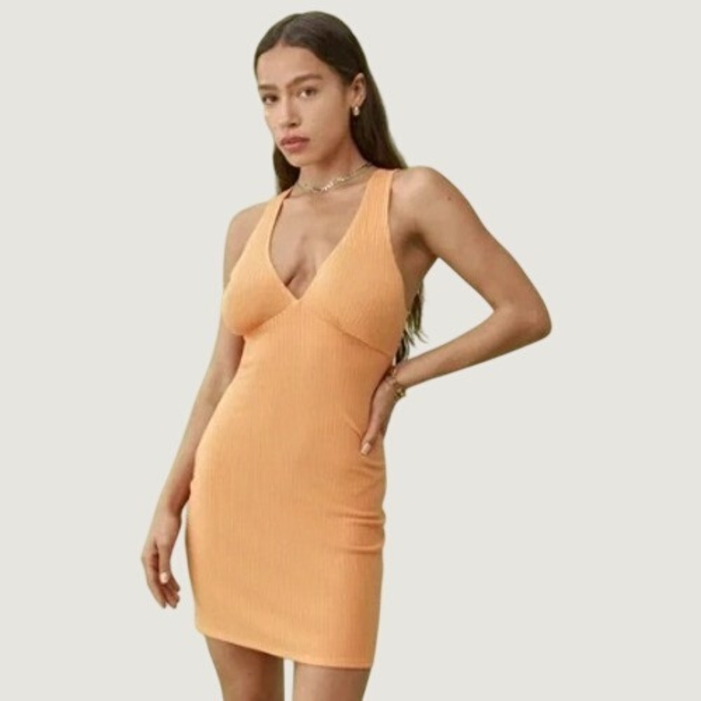 Reformation Ribbed Coco Mini Dress XL Orange Open Back V-Neck Knit Boho Summer